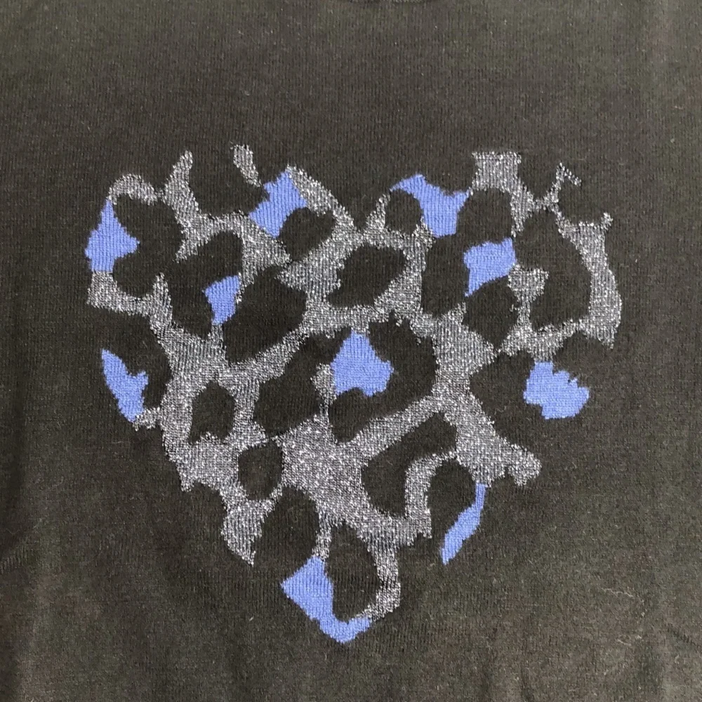 NEW Kate Spade Black Pullover Sweater Silver Blue Leopard Valentine Heart Small